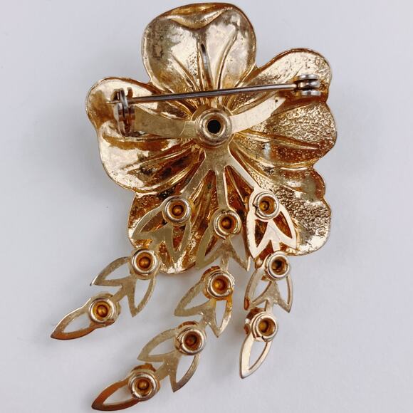 VTG 1940s Brooch Gold Tone Blue Rhinestone Layered Floral Spray Mid Century - Picture 9 of 10